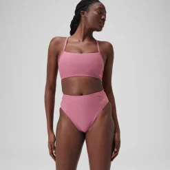 Bas de bikini taille haute uni Femme Rose