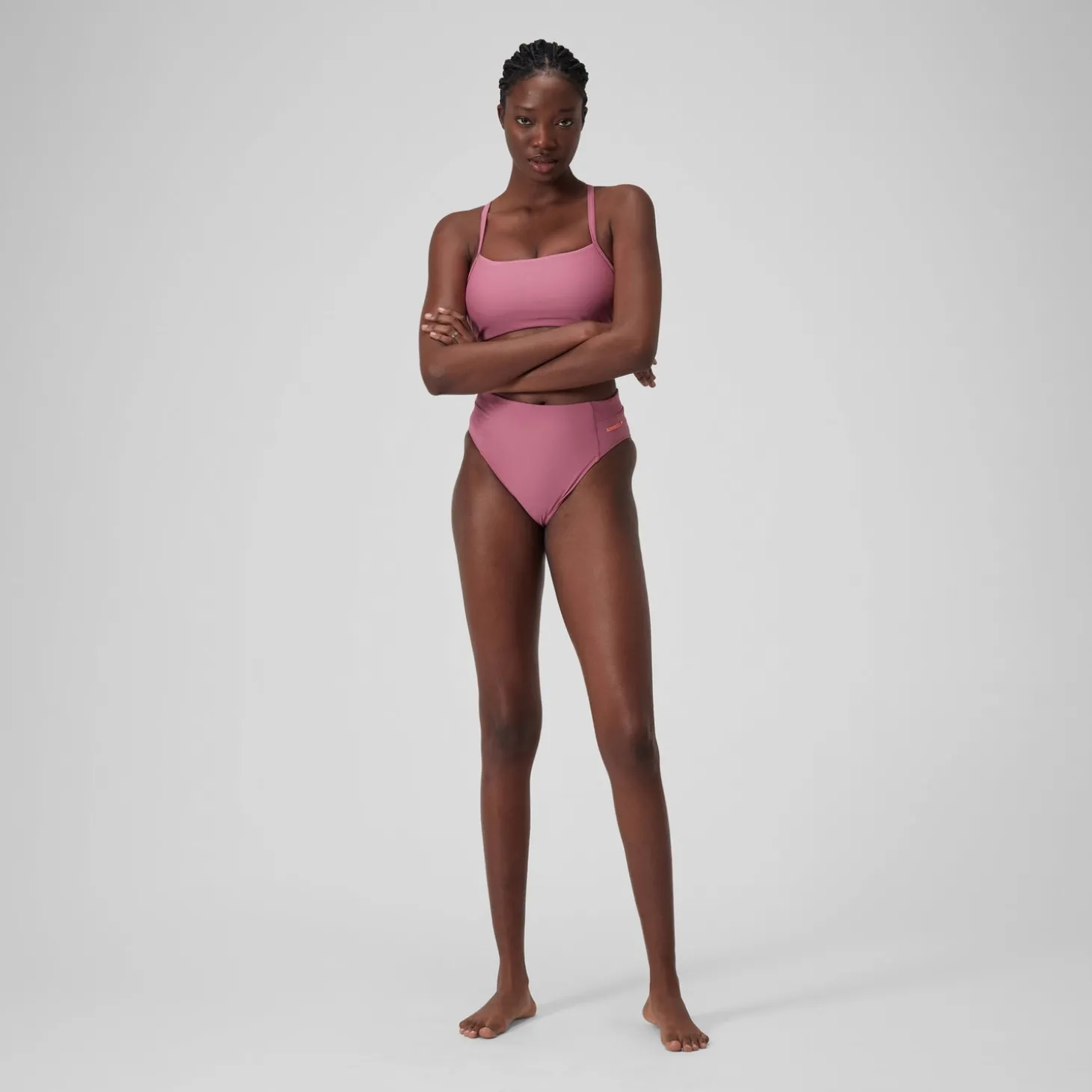 Bas de bikini taille haute uni Femme Rose