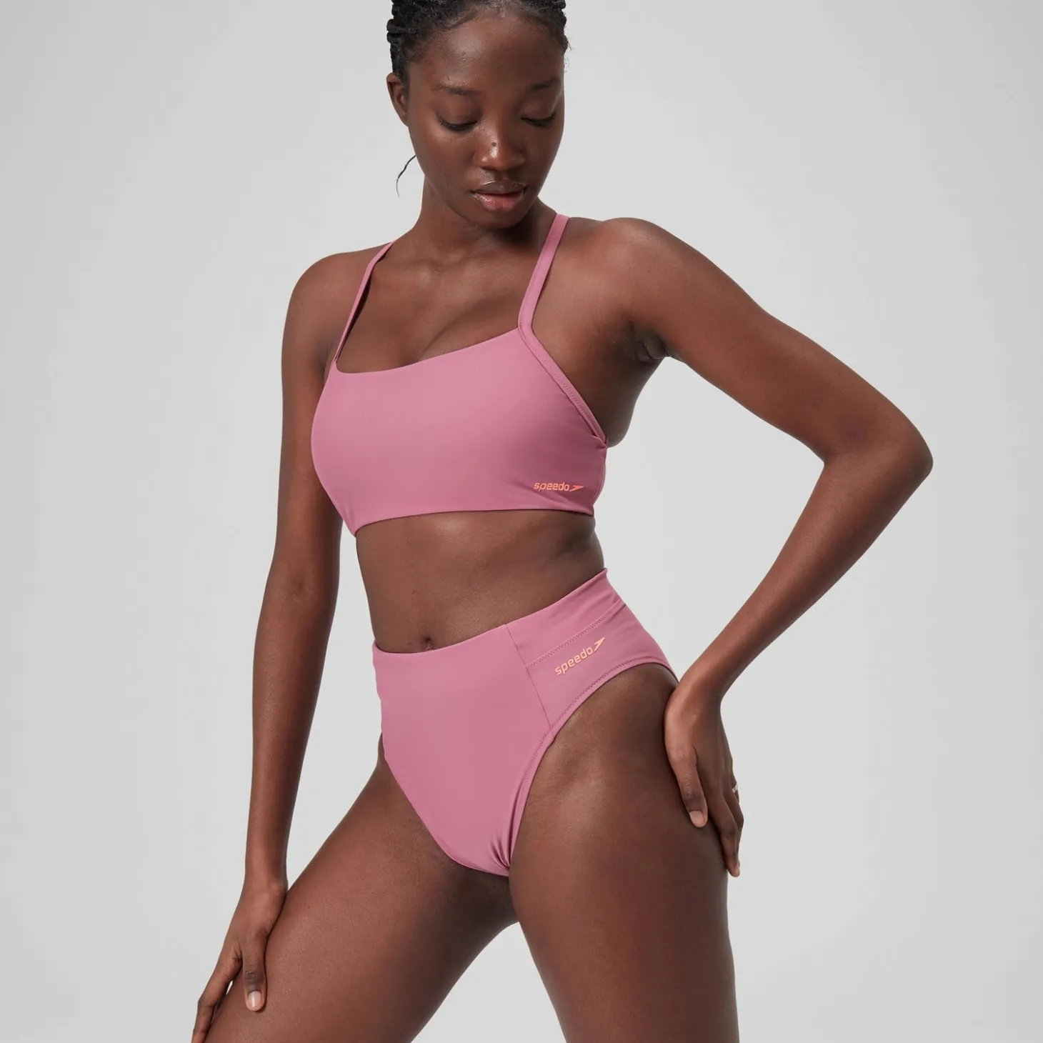 Bas de bikini taille haute uni Femme Rose