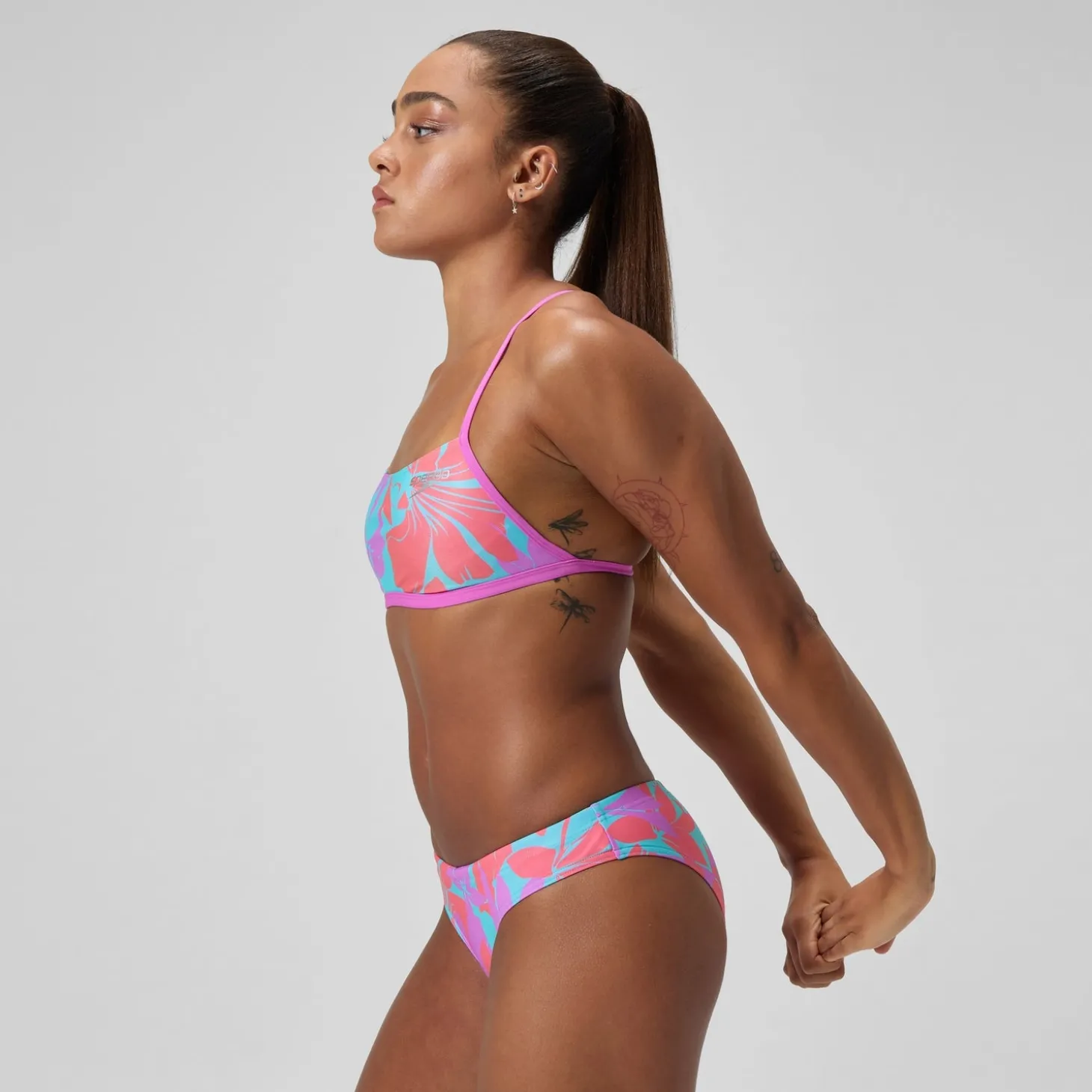 Haut de bikini Femme Club Training Cross Back imprimé rose/vert