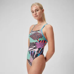 Maillot de bain à nouer au dos Allover Digital pour Femmes Noir/Vert matcha/Rouge sirène