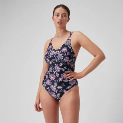 Maillot de bain 1 pièce galbant à bretelles et imprimé pour Femmes Noir/Violet