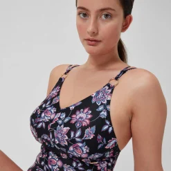 Maillot de bain 1 pièce galbant à bretelles et imprimé pour Femmes Noir/Violet