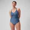 Maillot de bain 1 pièce Shaping avec encolure en V et imprimé pour Femmes Bleu épicéa/Bleu délavé