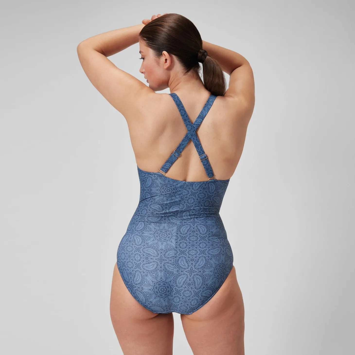 Maillot de bain 1 pièce Shaping avec encolure en V et imprimé pour Femmes Bleu épicéa/Bleu délavé