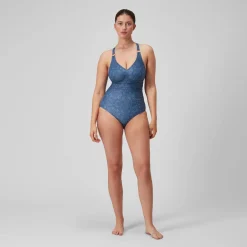Maillot de bain 1 pièce Shaping avec encolure en V et imprimé pour Femmes Bleu épicéa/Bleu délavé