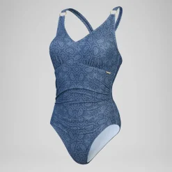 Maillot de bain 1 pièce Shaping avec encolure en V et imprimé pour Femmes Bleu épicéa/Bleu délavé