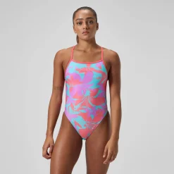 Maillot de bain Femme Club Training dos en V et imprimé rose/vert