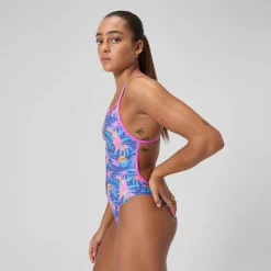 Maillot de bain Femme Club Training dos en V et imprimé bleu/rose