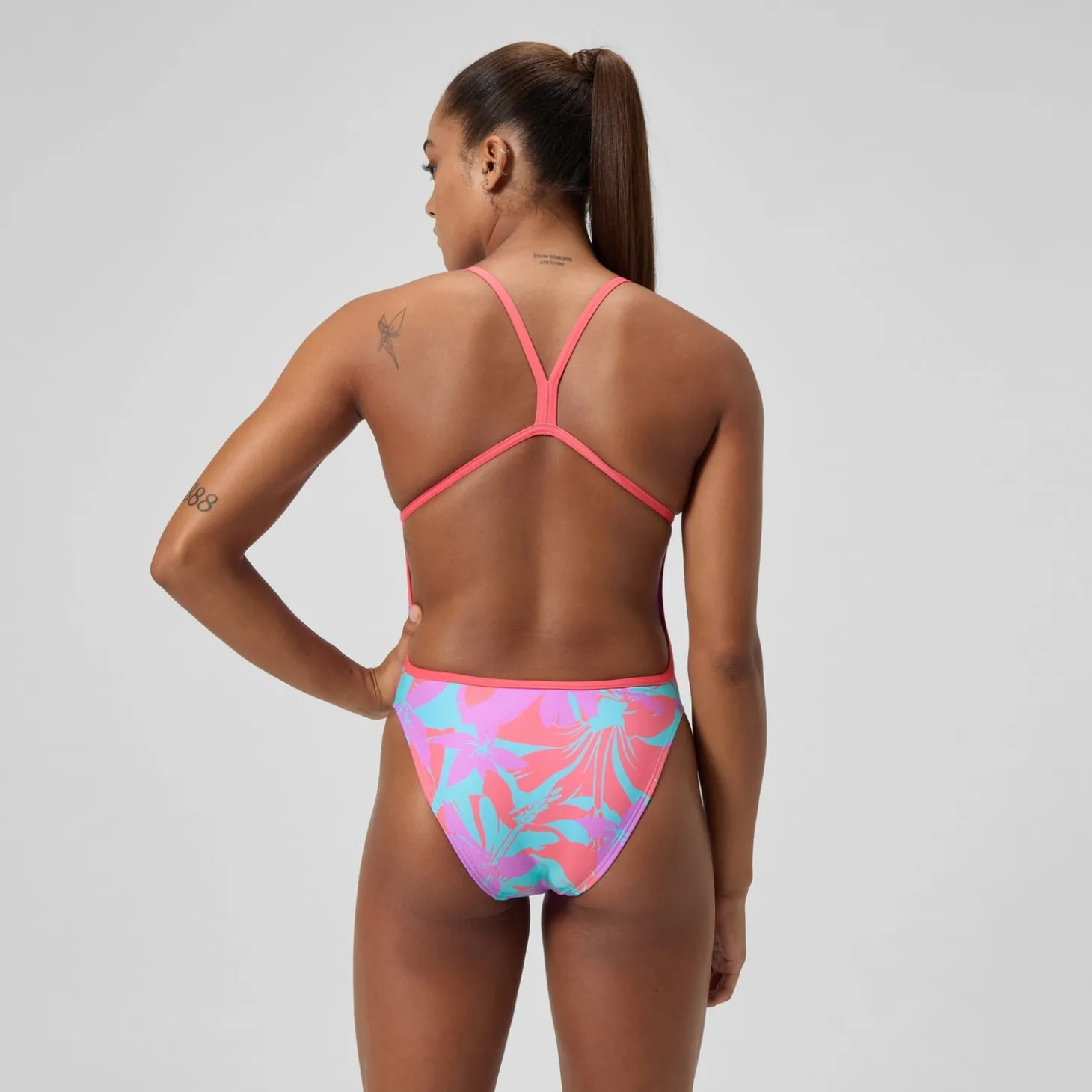 Maillot de bain Femme Club Training dos en V et imprimé rose/vert