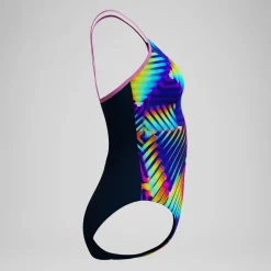 Maillot de bain Femme Club Training Fixed Crossback imprimé bleu marine/vert