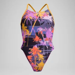 Maillot de bain Femme Club Training Lattice Tie Back imprimé bleu marine/orange