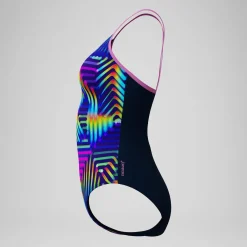 Maillot de bain Femme Club Training Fixed Crossback imprimé bleu marine/vert