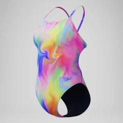 Maillot de bain Femme Club Training dos en V et imprimé rose/jaune