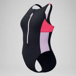 Maillot de bain Femme Colourblock zippé noir/rouge
