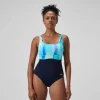 Maillot de bain Femme effet galbant imprimé Contour Eclipse bleu marine/vert