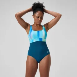 Maillot de bain Femme effet galbant imprimé Contour Eclipse sarcelle foncé/vert