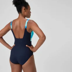 Maillot de bain Femme effet galbant imprimé Contour Eclipse bleu marine/vert