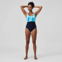 Maillot de bain Femme effet galbant imprimé Contour Eclipse bleu marine/vert