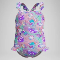 Maillot de bain Fille à fines bretelles et volants rose/violet