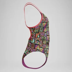 Maillot de bain Fille Club Training dos en V imprimé noir/corail