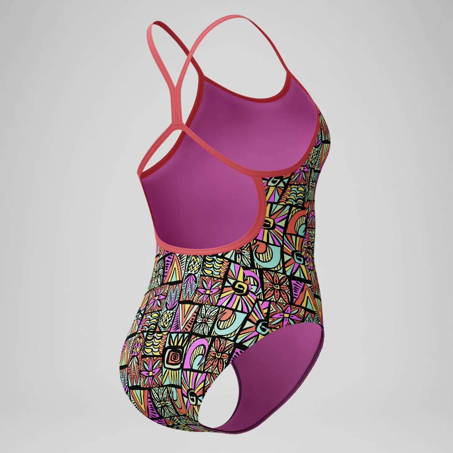 Maillot de bain Fille Club Training dos en V imprimé noir/corail