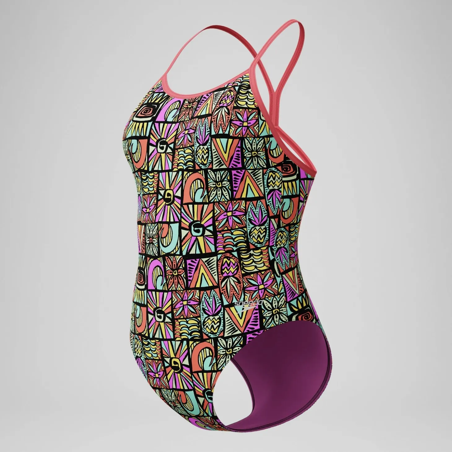 Maillot de bain Fille Club Training dos en V imprimé noir/corail