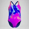 Maillot de bain Fille Powerback imprimé numérique rose/bleu