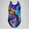 Maillot de bain Fille Powerback imprimé numérique bleu/violet