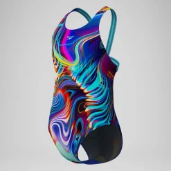 Maillot de bain Fille Powerback imprimé numérique bleu/violet