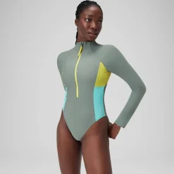 Maillot de bain zippé à manches longues Colorblock Femme vert