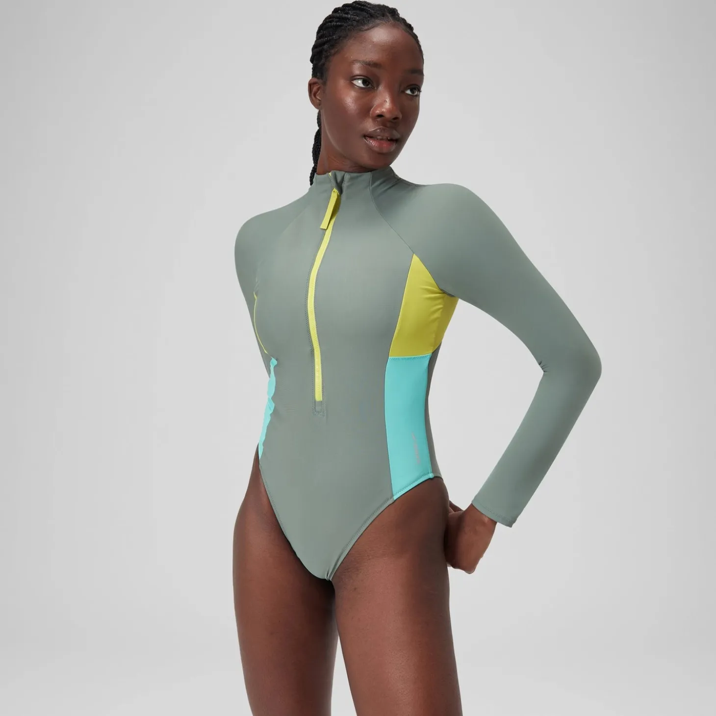 Maillot de bain zippé à manches longues Colorblock Femme vert