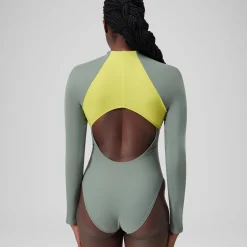 Maillot de bain zippé à manches longues Colorblock Femme vert