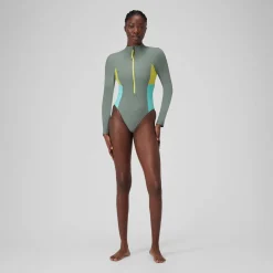 Maillot de bain zippé à manches longues Colorblock Femme vert