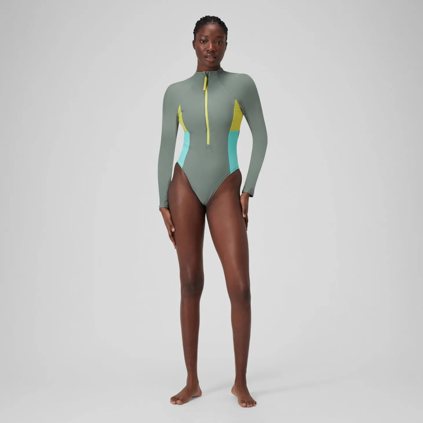 Maillot de bain zippé à manches longues Colorblock Femme vert