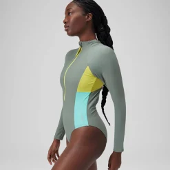 Maillot de bain zippé à manches longues Colorblock Femme vert