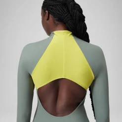 Maillot de bain zippé à manches longues Colorblock Femme vert
