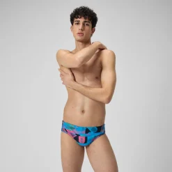 Slip de bain Hommes 7 cm Allover Digital pour Hommes Bleu marine profond/Rouge sirène